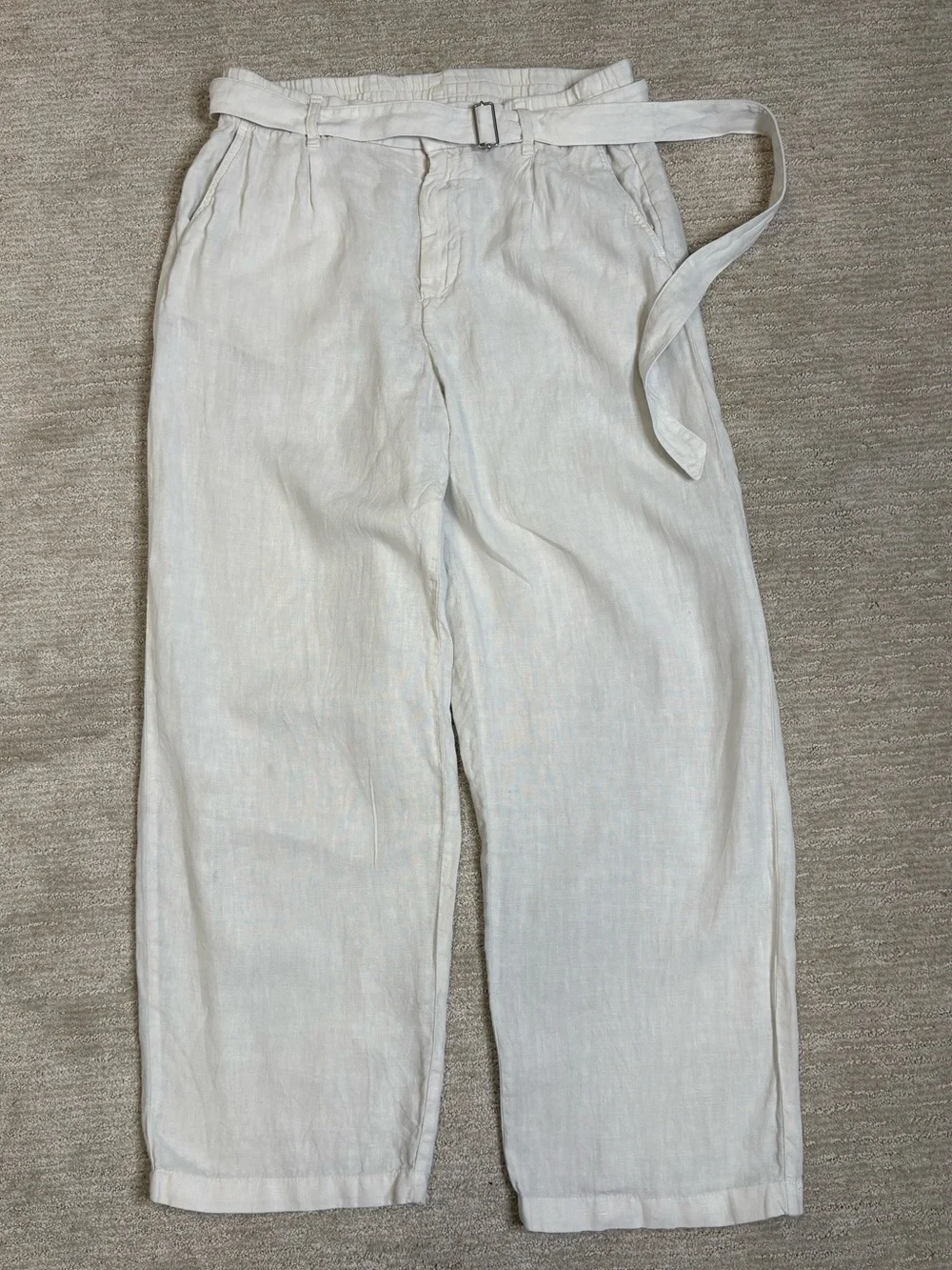 Zara 100% Linen Trouser Pant Womens Size 32 Natural Ecru Belted Wide Leg Pockets